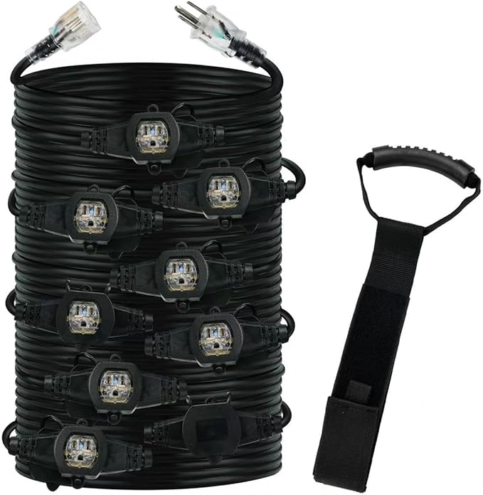 50FT 12 Gauge Multi-Outlet Outdoor Extension Cord, 10 Evenly Spaced Weatherproof Outlets, Great for Stage Backdrops, Landscape Garden Lighting, Christmas Decorations