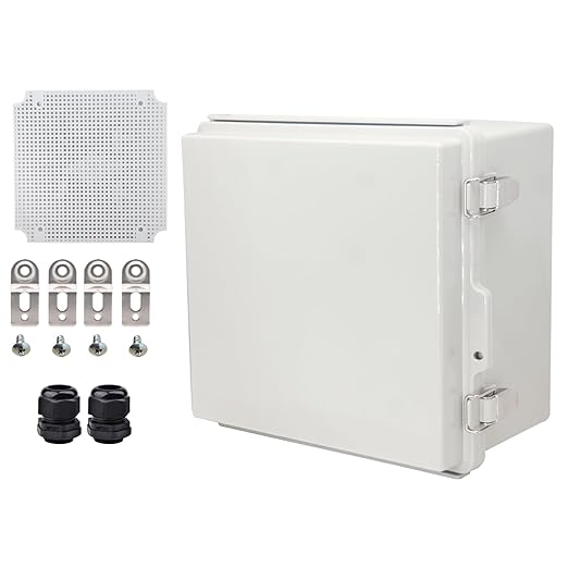 Waterproof Electrical Box with Mounting Plate, IP67 Junction Box Stainless Steel Latch Hinged Grey Cover Project Enclosure with Wall Bracket and 2 Glands 8.3" x 8.3" x 3.9"