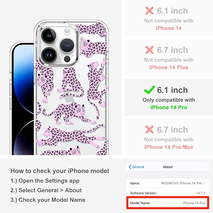 MOSNOVO Case for iPhone 14 Pro, [Buffertech 6.6ft Military-Grade Drop Protection] [Anti Peel Off Tech] Clear TPU Bumper Phone Case Cover Design - Pink Leopard