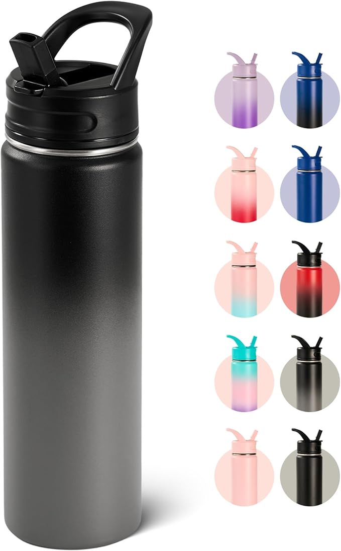 Fijinhom 24oz Insulated Stainless Steel Water Bottle with Straws, Double Wall Vacuum Insulated Bottles, Metal Thermo for Travel, Sports, Leak-Proof, BPA Free, Women & Men, Grey Gradient