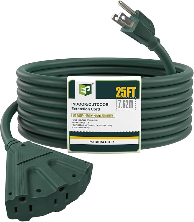 EP 25 Ft Outdoor Extension Cord with 3 Electrical Power Outlets - 16/3 SJTW Green Cable with 3 Prong Grounded Plug for Safety Great for Christmas Lights, Garden and Major Appliances