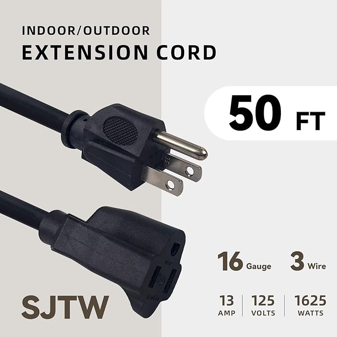 50ft Outdoor Extension Cord - 16/3 Heavy Duty SJTW Waterproof Black Electrical Cable with 3 Prong Grounded Plug for Safety, Great for Lawn and Major Appliances