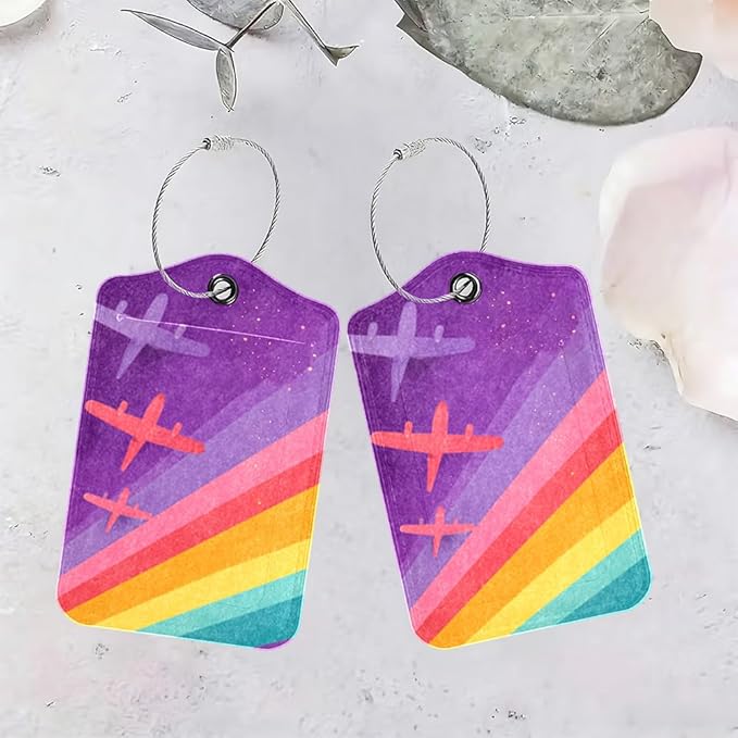 2Pcs Retro Airplane Luggage Tags for Suitcases, 2.83x4.53 Vintage Rainbow ID Labels with Privacy Cover, Aesthetic Travel Bag Tags for Backpacks, Graduation Gift for Pilot Flyers, Set of 2