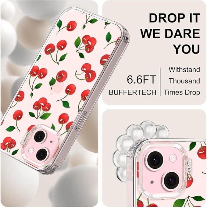 MOSNOVO Case for iPhone 15, [Buffertech 6.6ft Military-Grade Drop Protection] [Anti Peel Off Tech] Clear TPU Bumper Phone Case Cover Design - Cute Cherry