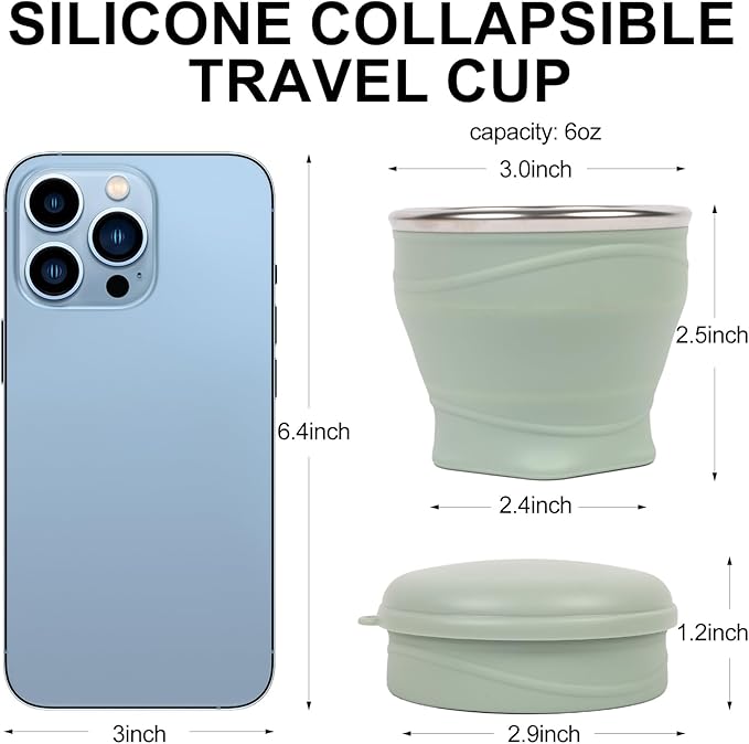 Collapsible Travel Cup with Lid (6oz/180ml) - BPA Free Silicone Folding Cup with Stainless Steel Rim - Portable Pocket Cup for Mouthwash, Pills, Hiking, Camping & Kids(Lake Green)