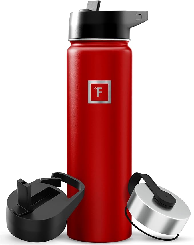 IRON °FLASK Camping & Hiking Hydration Flask with Straw, Wide Mouth Insulated Stainless Steel Sports Water Bottle - 22 oz Fire Red