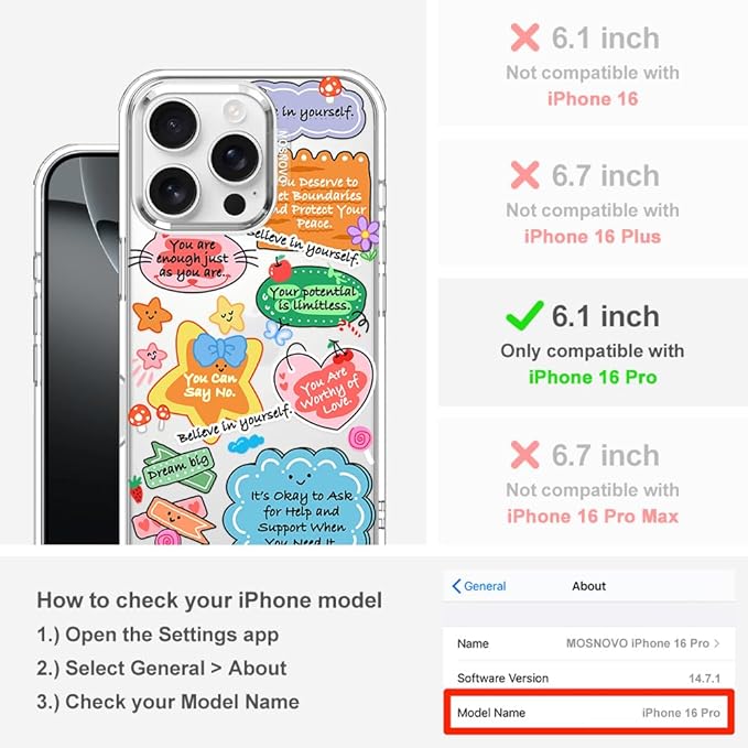 MOSNOVO for iPhone 16 Pro Case, Shockproof Military-Grade Protection 6.6ft Drop Tested, Clear Phone Case for iPhone 16 Pro, Self Love Club Design