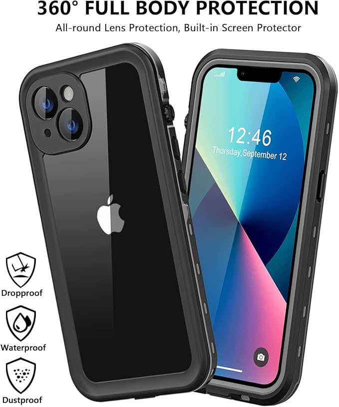 Protebox for iPhone 13 Waterproof Case with Built-in Screen Protector, Shockproof Dustproof Full Body Protective IP68 Waterproof Phone Case for iPhone 13 6.1 inch (Black/Clear)