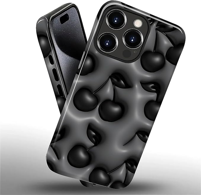 for iPhone 15 Pro Case,HL2 Cute Cool Cherry Black Hybrid 2 Layer Hard Shell Silicone Protective Pattern Design Case