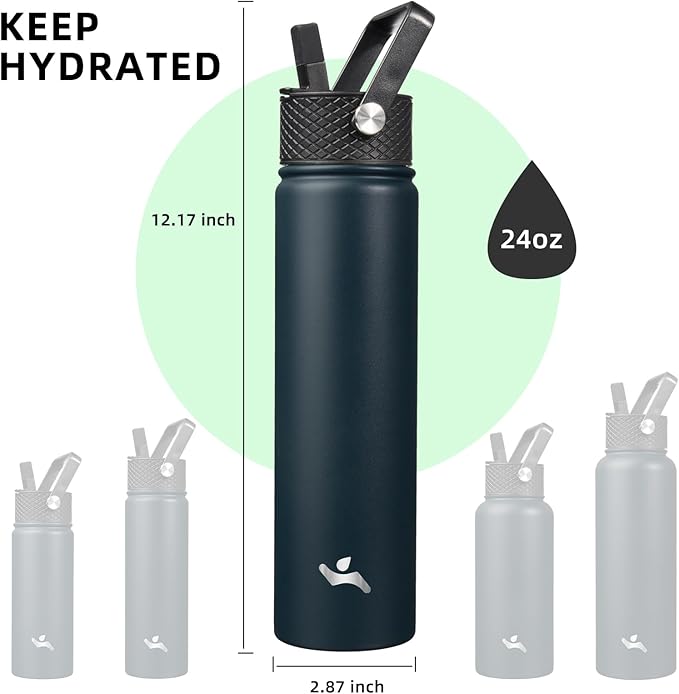 Konokyo Insulated Water Bottle 24oz Stainless Steel Sport Bottles with 3 Lids,Navy Blue