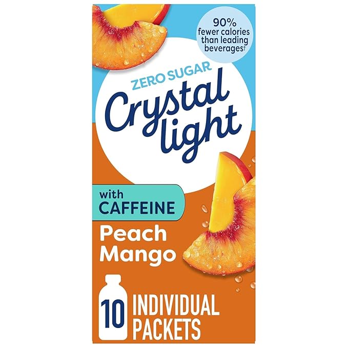 Crystal Light On The Go Peach Mango With Caffeine Drink Mix, 10-Packet Box, 0.7 OZ (Pack of 2)
