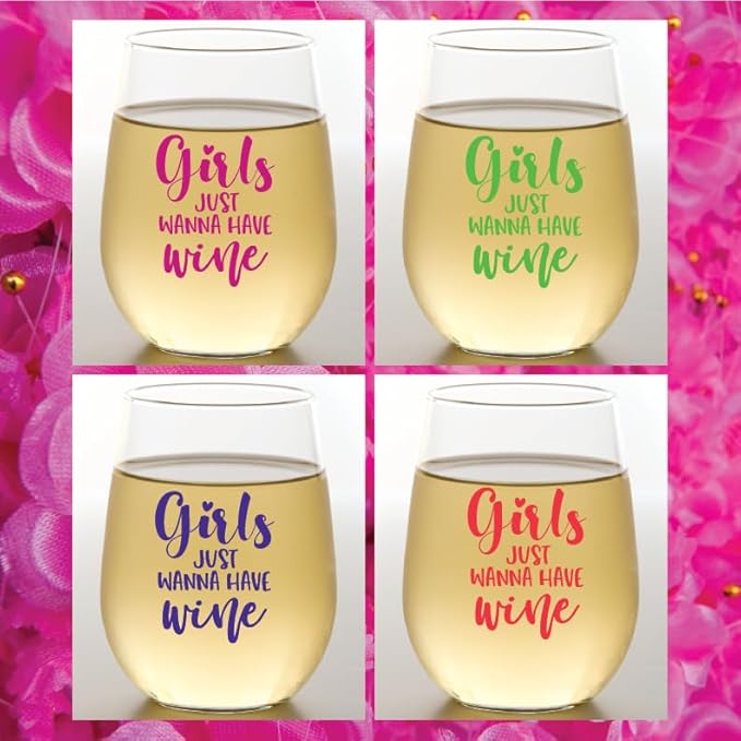 Wine-Oh!, Set of 4 Shatterproof Designer 16 oz Plastic Wine Glasses MADE in the USA (WINEY GIRLS)