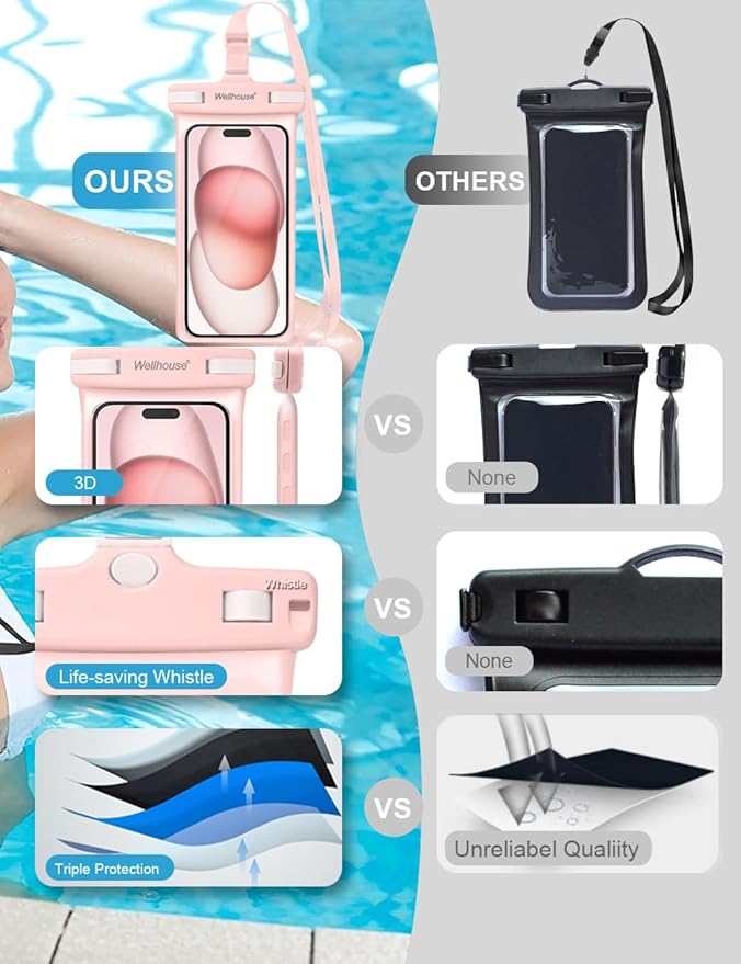 wellhouse Waterproof Phone Pouch, Waterproof Phone Case for iPhone17 16 15 14 13 Pro Max XS Samsung, IPX8 3D Cellphone Dry Bag Beach Essentials (2 Pack -Pink & White7.0, 7 inch)