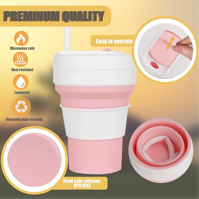 12 OZ Collapsible Travel Cup with Lid, Silicone Foldable Drinking Cup for Camping Hiking,Portable Silicone Water Bottle for Hot and Cold Beverages with Straw- Pink & White
