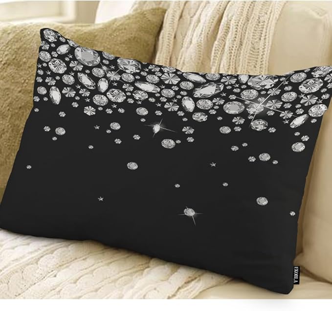 EKOBLA Shiny Diamond Rectangle Pillow Cases White Crystal Sparkle Gemstone Treasure Jewelry Waist Lumber Cotton Linen Cushion Cover Oblong Rectangle Pillowcase for Home Decoration Bedroom 12x20