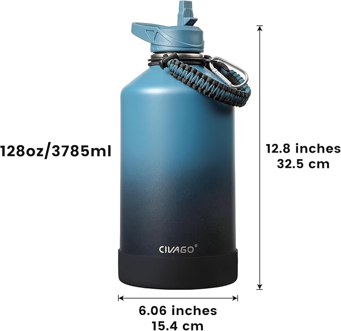 CIVAGO Gallon Insulated Water Bottle Jug with Straw, 128 oz Large Stainless Steel Water Flask, Big Metal Thermal Mug with 3 Lids for Sports, Travel, Gym, and Camping, Indigo Black