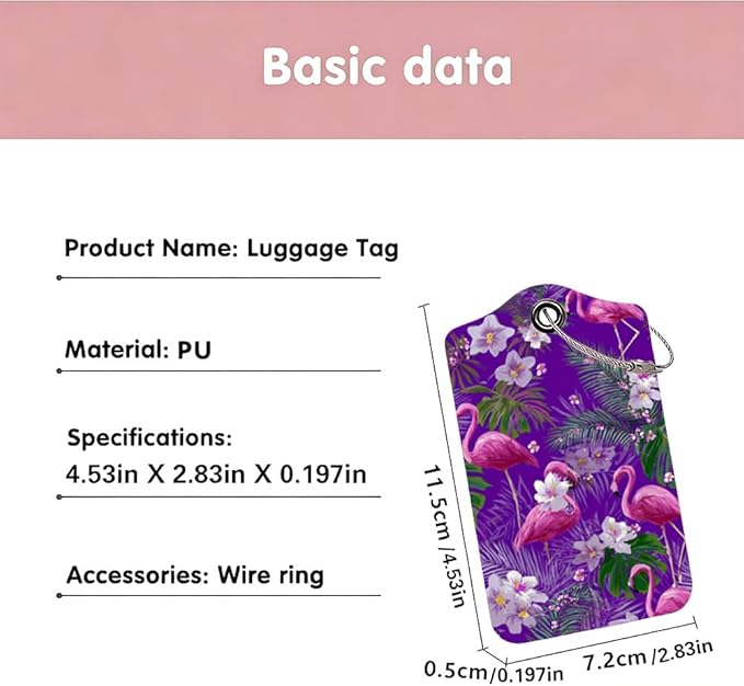 2 Pack Flamingo Luggage Tag 2.83 x 4.53 inch Tropical Pink Bird Purple Background Suitcase ID Label Decorative Travel Accessories Stylish Bag Tag for Women Men