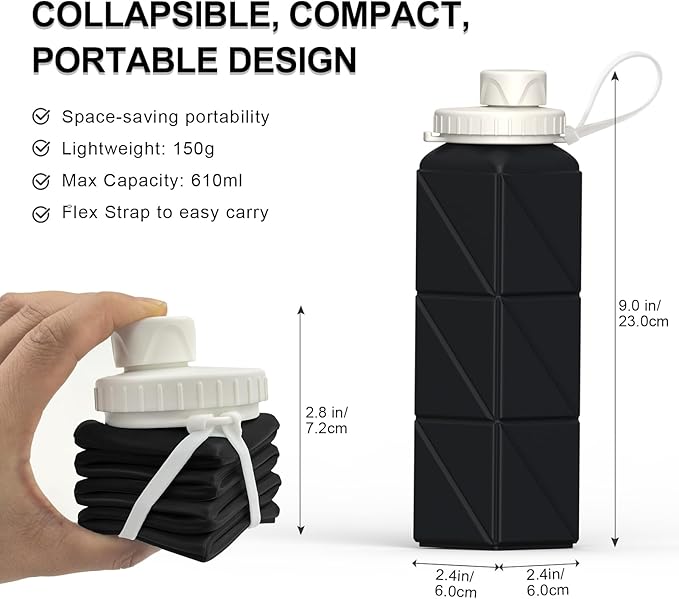BEAUTAIL Collapsible Water Bottles 20.6oz, Silicone Foldable Portable Travel Water Bottle, BPA-Free, Leakproof Reusable for Traveling Camping Hiking Cycling Yoga Sports Outdoor, 1 Pack (Black)
