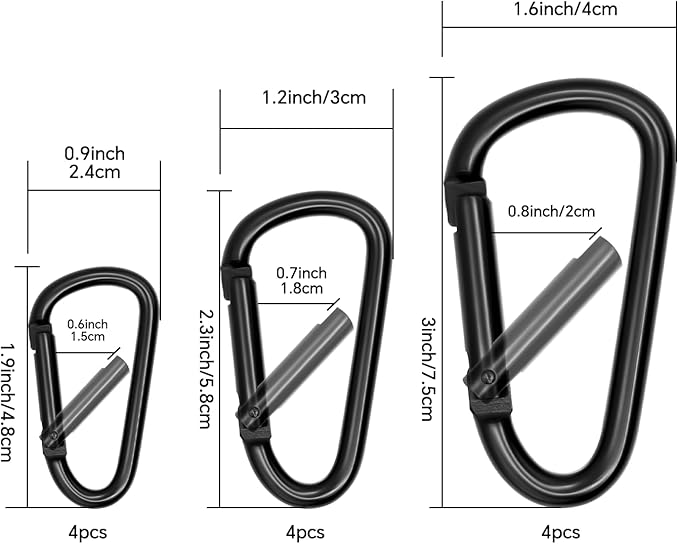 Black Carabiner Clip, Includes Mini 2 Inch Carbineers, Small 2.3" D Ring Clip, Large 3 Inch Carabiner Heavy Duty, Aluminum Caribiner Keychain Hook for Backpack Hiking Camping
