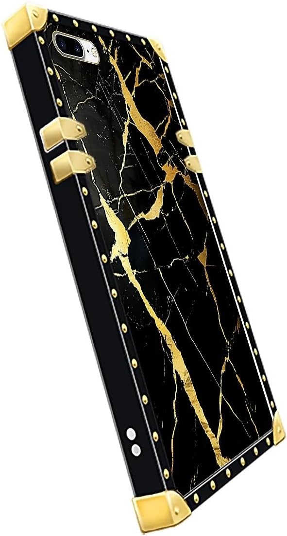 Compatible with iPhone 8 Plus 7 Plus Case, Black Gold Marble Nature Luxury Golden Decoration for Girl Women Soft TPU Shockproof Protective Hard PC Back for iPhone 8 Plus 7 Plus