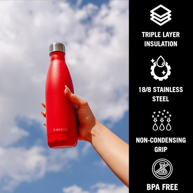 Triple-Walled Insulated Stainless Steel Water Bottle, 17oz Capacity, Keeps Drinks Cold for up to 24 Hours and Hot for up to 12 Hours, Leak Proof, BPA-Free, Red