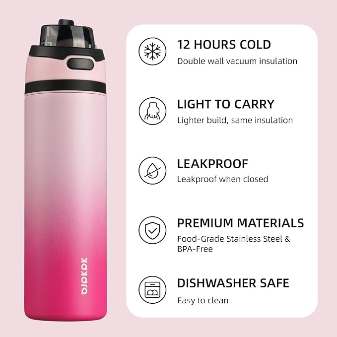 BJPKPK 25oz Insulated Water Bottle with 2-1 Straw Spout Lid, Stainless Steel Metal Water Bottles with Carry Handle, BPA Free, Leak-Proof, Fits in Car Cup Holder, Thermo for Sports,Cherry