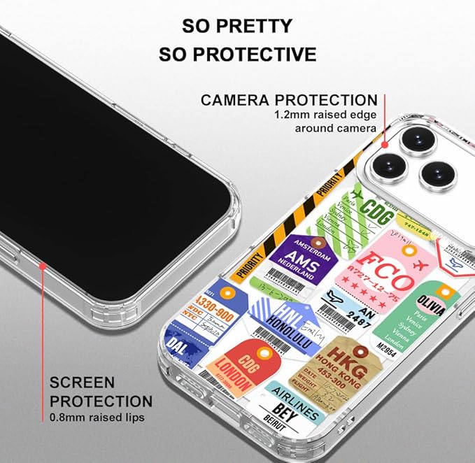 MOSNOVO for iPhone 17 Pro Max Case | Military Grade 6.6ft Drop Tested | Camera Control | Clear with Air Ticket Labels Design
