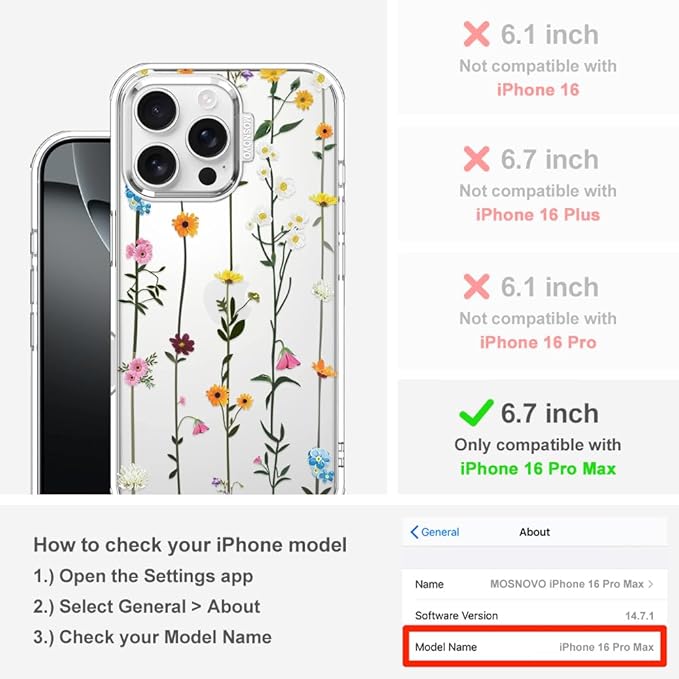 MOSNOVO Case for iPhone 16 Pro Max, [Buffertech 6.6ft Military-Grade Drop Protection] [Anti Peel Off Tech] Clear TPU Bumper Phone Case Cover Design - Wildflowers