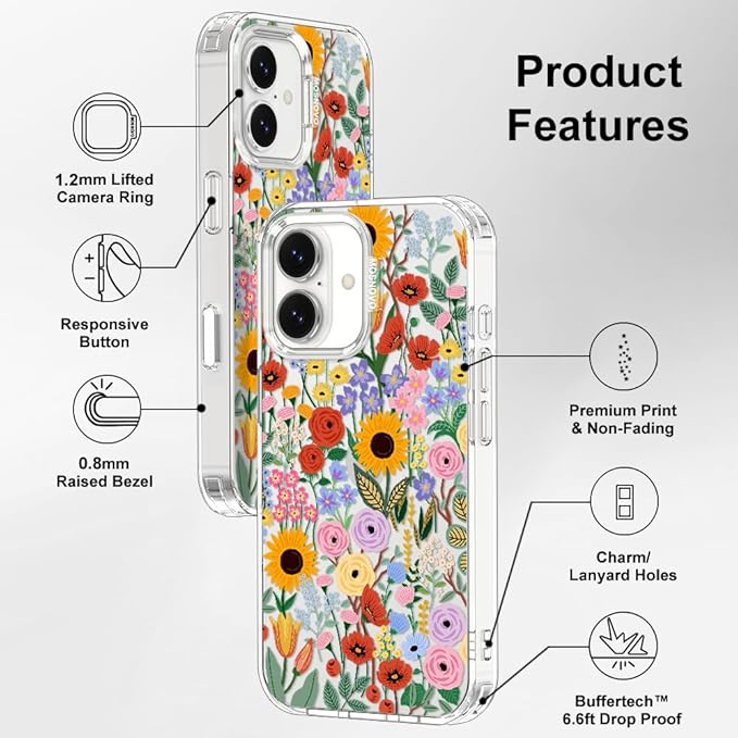 MOSNOVO for iPhone 17 Case | Military Grade 6.6ft Drop Tested | Camera Control | Clear with Blossom & Bloom Design