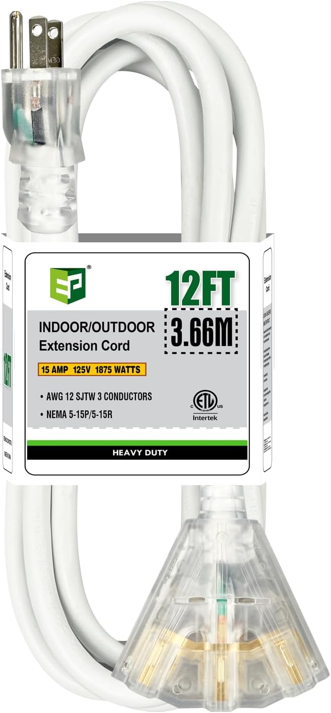 EP 12FT 12 Gauge Heavy Duty Extension Cord, 15A 125V 1875W, 3 Outlet Indoor/Outdoor Power Cord with Lighted End, 12/3 SJTW Weatherproof White, ETL Listed