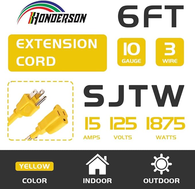 Indoor Outdoor Extension Cord Weatherproof, UL Certified, 10 Gauge 6FT Yellow 3 Prong Heavy Duty, 10/3 SJTW 15A Power Cord for Outdoor Lights, Appliances, Lawn