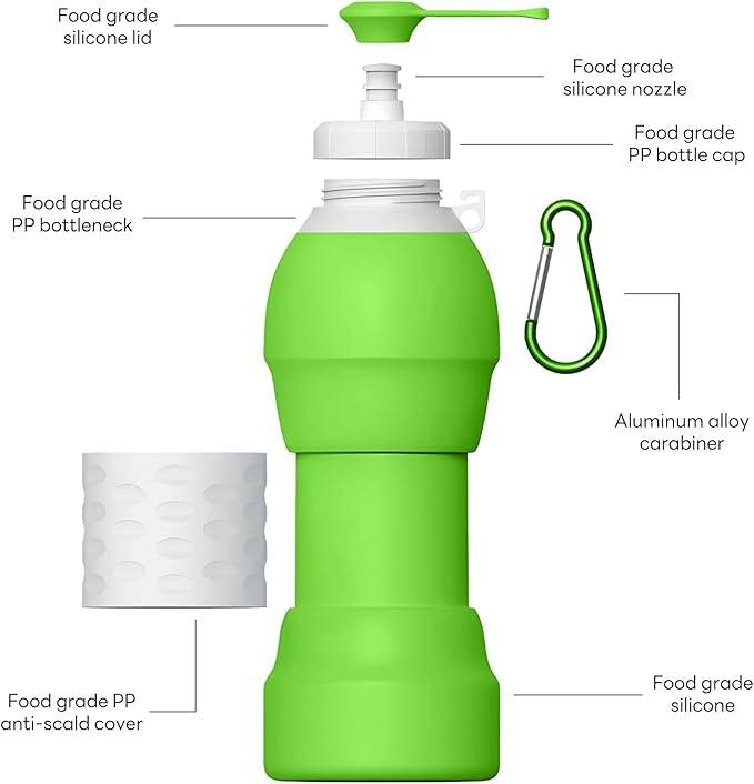 Collapsible Lightweight 20oz Water Bottle, Food-Grade Silicone BPA Free, Foldable Portable Leak Proof Office Travel Cycling Sports Outdoor Water Bottle with Vertical Hook (green, long nozzle)