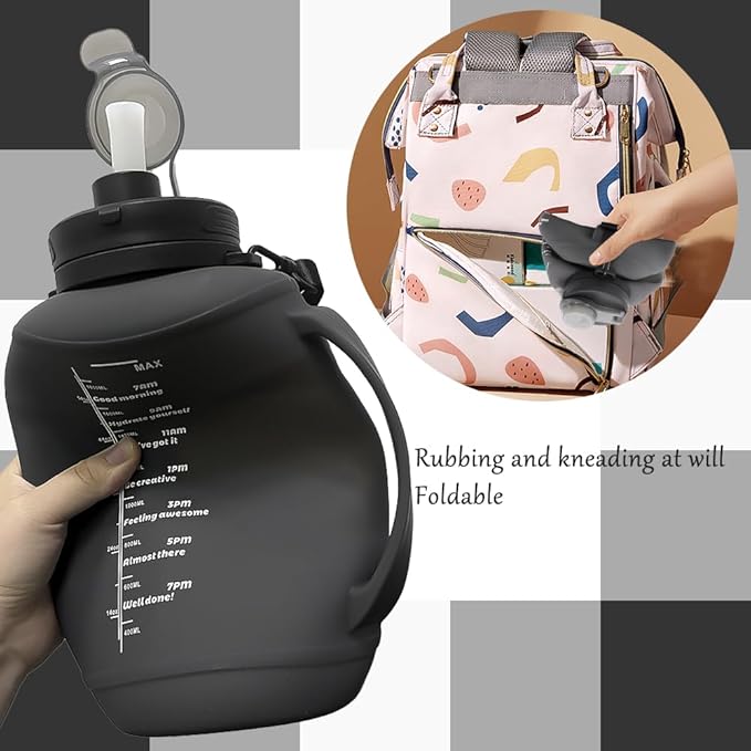 64oz Foldable Silicone Water Bottle with Straw, BPA-Free Motivational Time Marker, Leakproof Collapsible Water Jug with Handle for Gym, Sports, Camping & Outdoor Activities (Black)