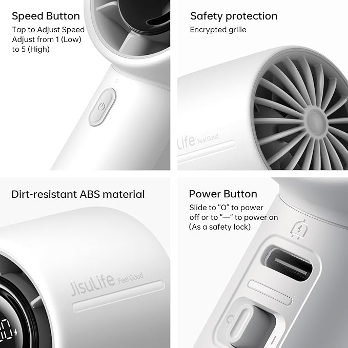JISULIFE Handheld Turbo Fan, 5000mAh Rechargeable Portable Fan, Up to 28H Runtime, 5-Speed Powerful Airflow, Mini Personal Fan for Travel Outdoor Camping Beach Makeup, Gifts for Women, Men (Gray)