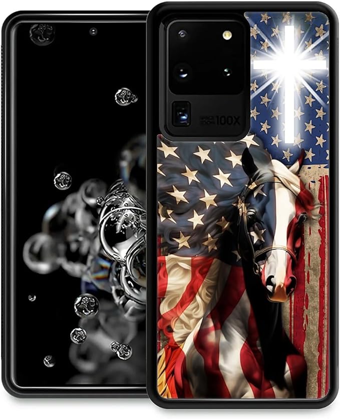 for Samsung Galaxy S20 Ultra Case, Red American Flag Horse Cross Pattern Graphic Design Girl Boy Soft Silicone Hard Acrylic Shock Protection for Samsung Galaxy S20 Ultra