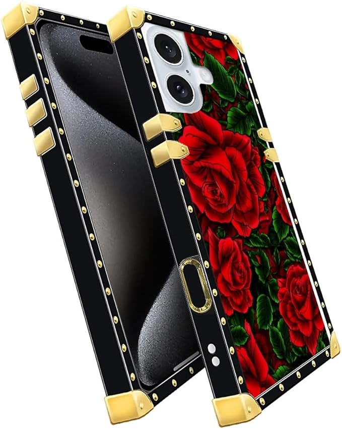 Compatible with iPhone 16 Case, Vector Red Rose Green Leaf Luxury Golden Decoration for Girl Women Soft TPU Shockproof Protective Hard PC Back