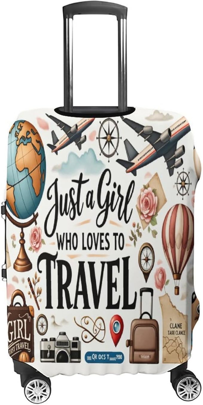 Travel Girl Adventure Globe Airplane Suitcase Camera Map Stretch Luggage Cover, Washable Suitcase Protector Fits 19-21in Cases, Secure Fit for Carry On Checked Bags, Travel Essentials