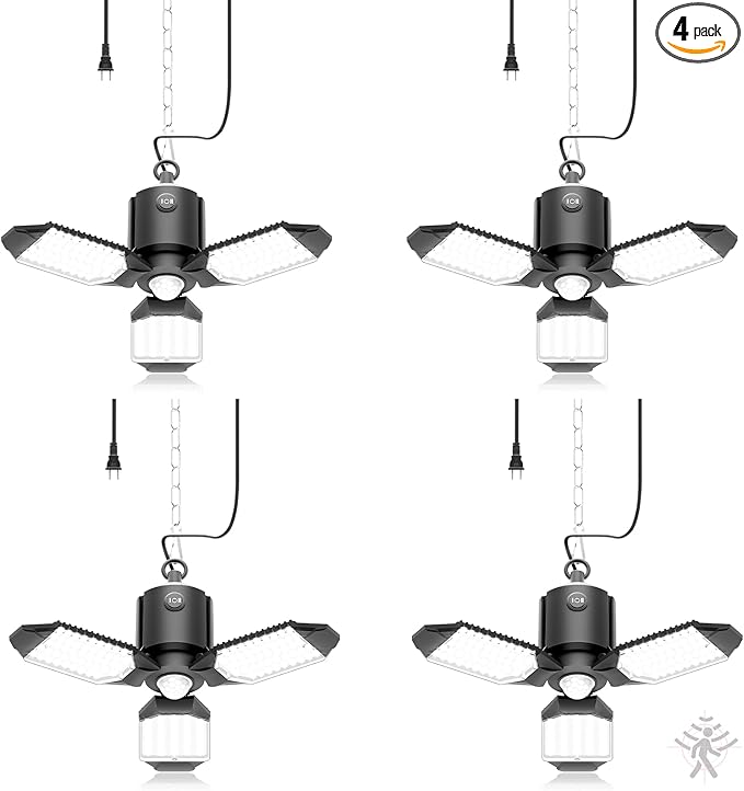 toberich 4 Pack Plug in Motion Sensor Garage Light - 8000LM Shop Light with 3 Modes, 3 Deformable LED Panels, 6500K Indoor Motion Sensor Light Bulb for Garage, Laundry Room, Basement