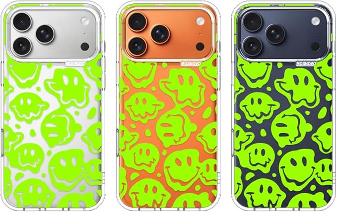MOSNOVO for iPhone 17 Pro Max Case | Military Grade 6.6ft Drop Tested | Camera Control | Clear with Distorted Green Smiles Face Design