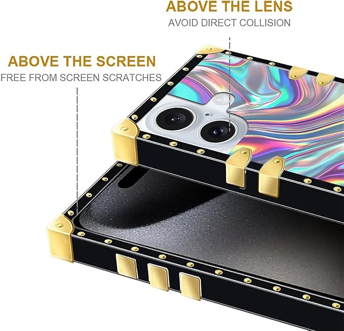 Compatible with iPhone 16 Case, Holographic Abstract Iridescent Textures Luxury Golden Decoration for Girl Women Soft TPU Shockproof Protective Hard PC Back