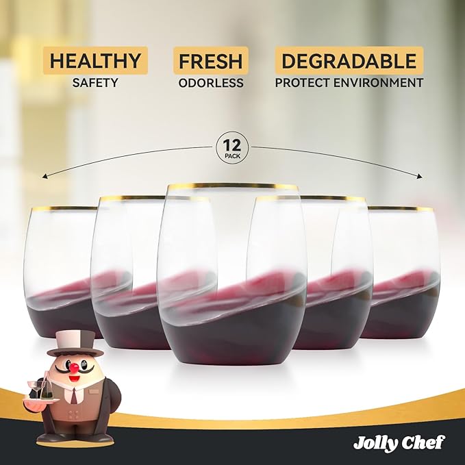 JOLLY CHEF 32 Pack 12oz Gold Plastic Wine Glasses Stemless, Disposable Wine Cupsty, Disposable Plastic Wine Cups for Party, Halloween, Christmas, Thanksgiving