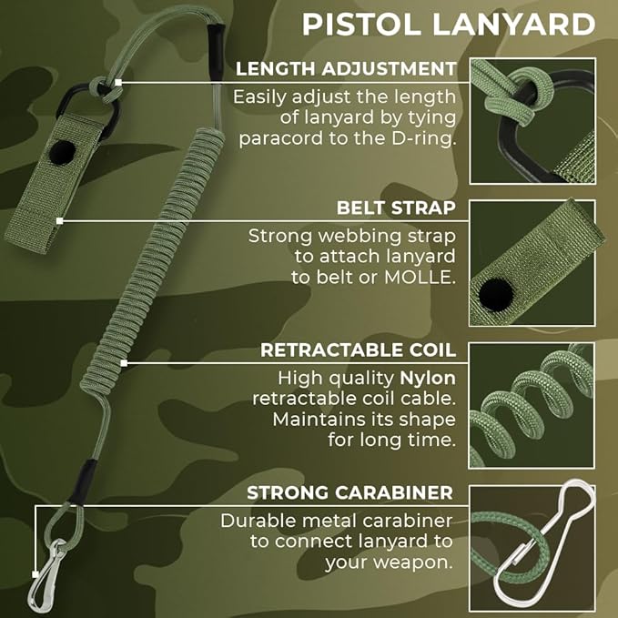 TECEUM Tactical Pistol Lanyard – 3+ Colors – Equipment Accessories for Military, Police, Security & Personal Use – Spring Safety Strap with D-Ring Keeper – Anti-Loss Elastic Coil for Belt or MOLLE
