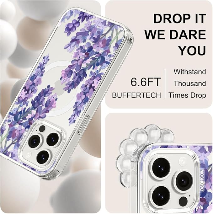 MOSNOVO Case for iPhone 15 Pro Max, [Buffertech 6.6ft Military-Grade Drop Protection] [Anti Peel Off Tech] Clear TPU Bumper Phone Case Cover Design - Lavender