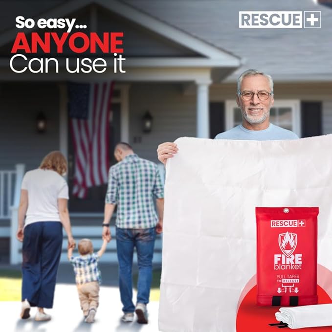 Rescue+ Emergency Fire Blanket for Home, Kitchen, Workplace & Travel, 40” x 40” Fiberglass Flame Retardant Safety Blanket, Fire Suppression for House, Camping, Car Emergencies - Pack of 4