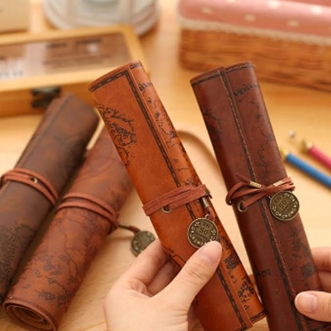 Cabilock Roll up Pencil Case Vintage Map Pu Leather Pencil Pouch Organizer for Artists Writers Travel School with Large Capacity and Secure Strap 2 Pack