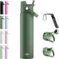 26oz Insulated Water Bottle with 2-in-1 Straw and Spout Lid, 304 Stainless Steel Water Bottle Keep Cold for 24H,Leak-Proof,Sports Water Bottle with Braided Carry Strap for Travel,Outdoors,Moss Green
