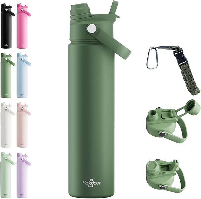 26oz Insulated Water Bottle with 2-in-1 Straw and Spout Lid, 304 Stainless Steel Water Bottle Keep Cold for 24H,Leak-Proof,Sports Water Bottle with Braided Carry Strap for Travel,Outdoors,Moss Green