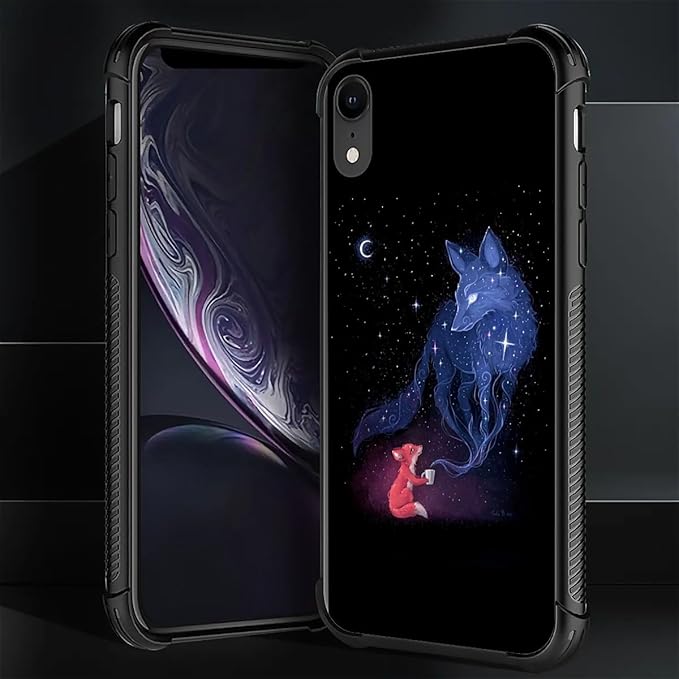 for iPhone XR Case, Galaxy Fox Wolf Pattern Graphic Design Girl Boy Soft Silicone Hard Acrylic Shock Protection for iPhone XR