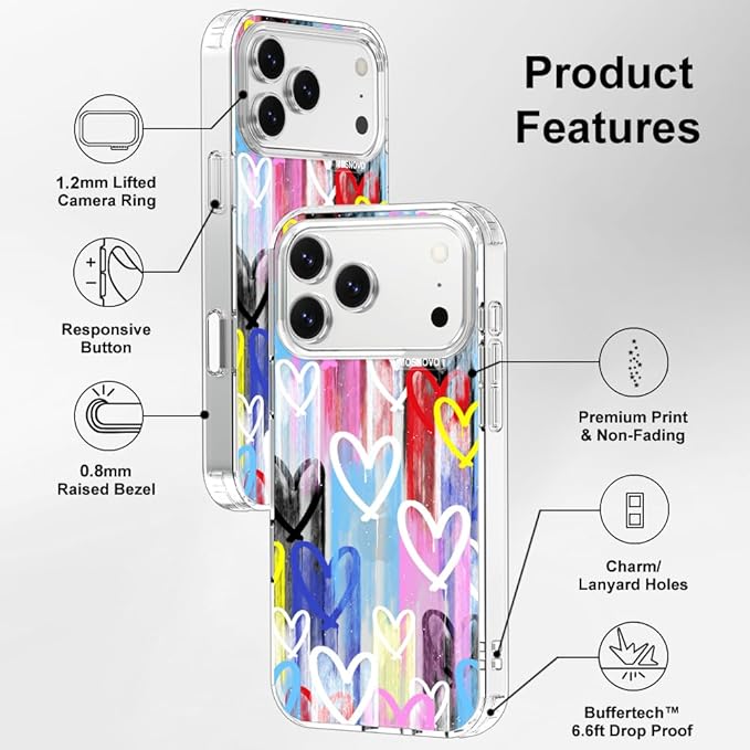 MOSNOVO for iPhone 17 Pro Max Case, Shockproof Military-Grade Protection 6.6ft Drop Tested, Camera Control, Clear Phone Case for iPhone 17 Pro Max, Graffiti Hearts Design