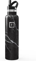IRON °FLASK Camping & Hiking Hydration Flask with Straw, Narrow Mouth Insulated Stainless Steel Sports Water Bottle - Black Marquina 24 oz - Straw (1 Lid)